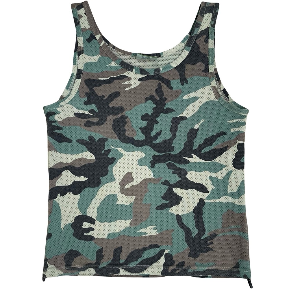 Vintage RIFLESSI‎ Womens Green Brown Camo Tank Top 2XL Sheer Mesh Y2K Grunge